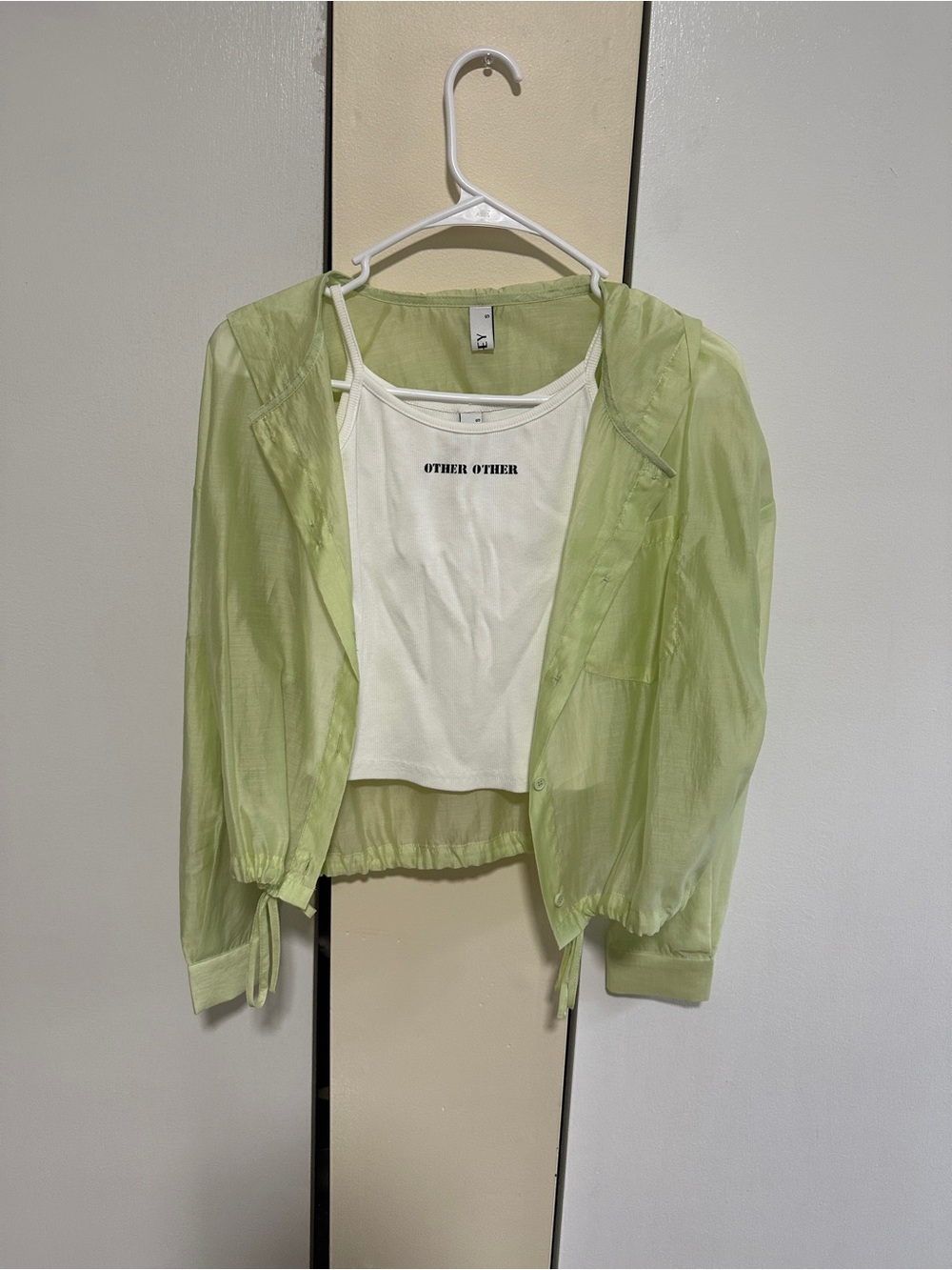 Not Rated Light Green Sheer Button-Front Jacket with White Tank Top